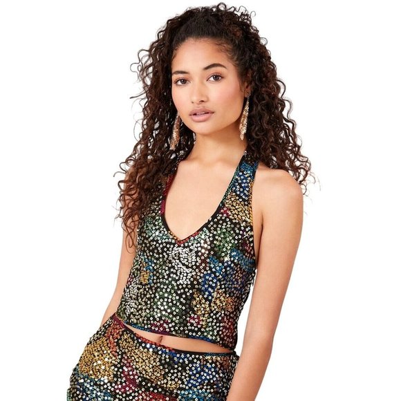 Forever 21 Tops - Forever 21 Black Multicolor Abstract Sequins Halter Crop Top Size M NWT